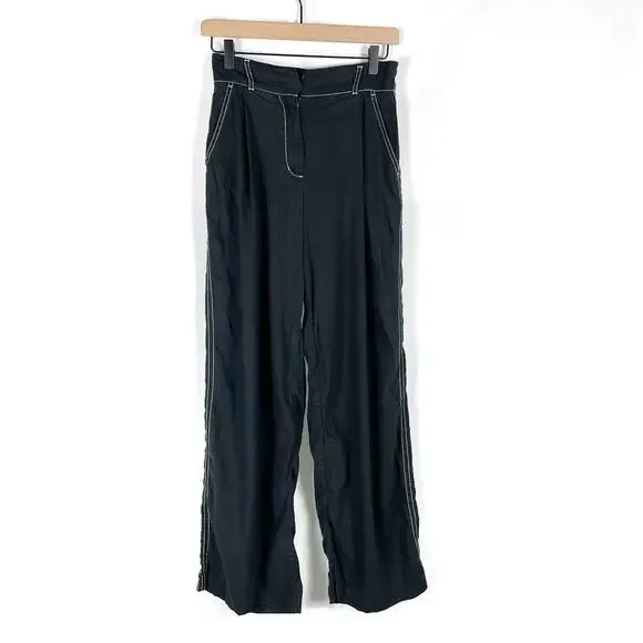 Jonathan Simkhai Tavar Linen Pants Black‎ Contrast Stitch High Rise Wide Leg XL